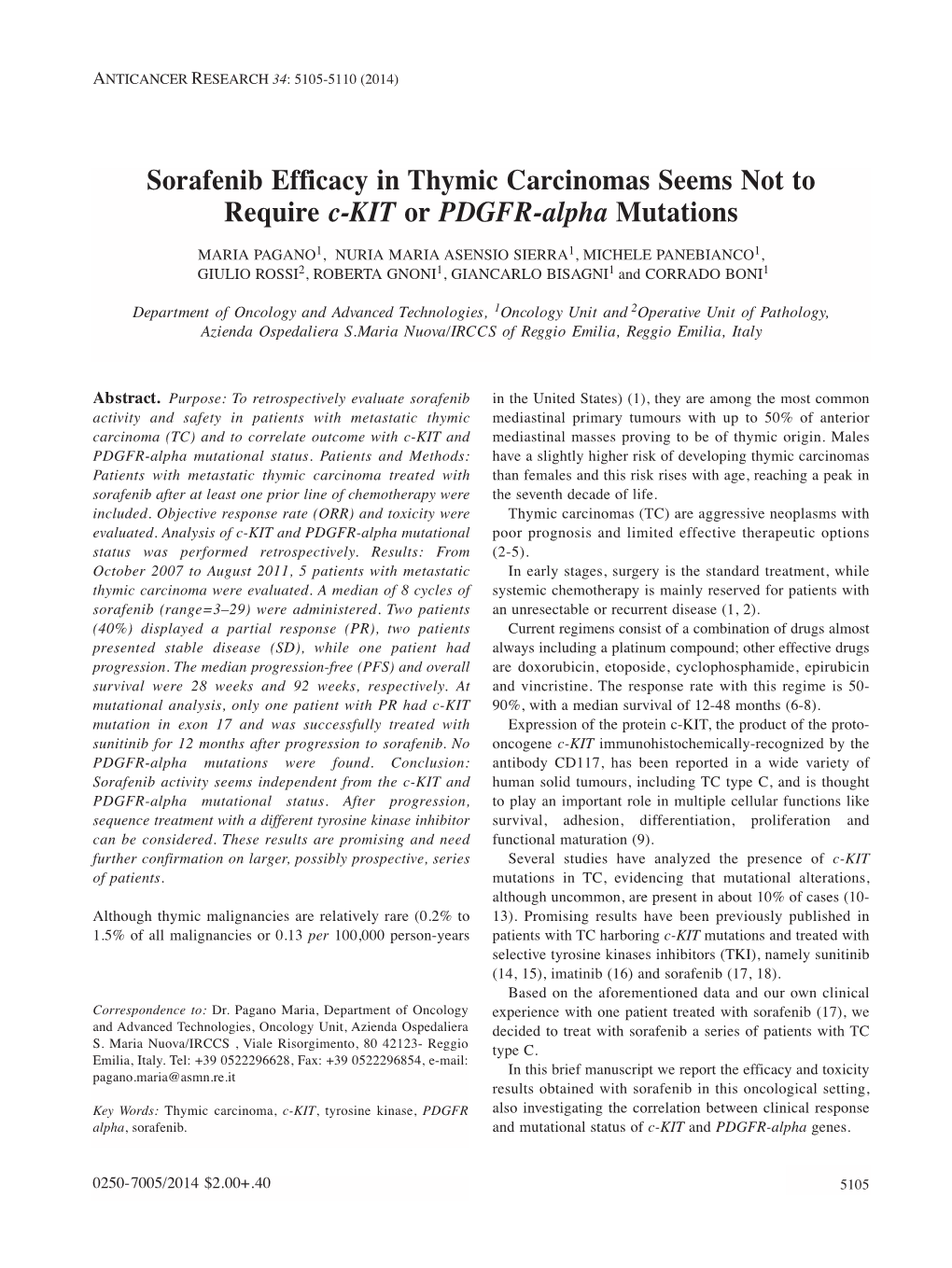 Sorafenib Efficacy in Thymic Carcinomas Seems Not to Require C-KIT Or PDGFR-Alpha Mutations