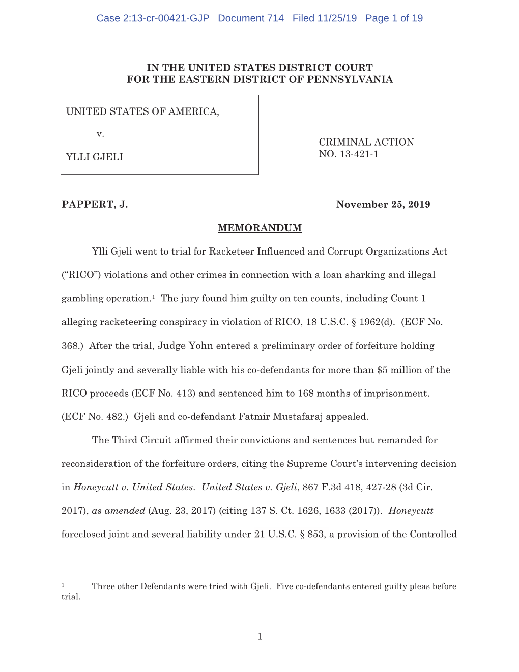 Case 2:13-Cr-00421-GJP Document 714 Filed 11/25/19 Page 1 of 19