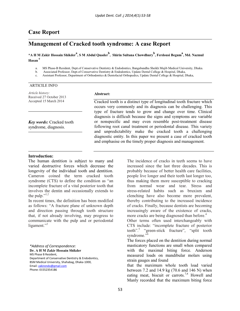 Case Report Management of Cracked Tooth Syndrome: a Case Report