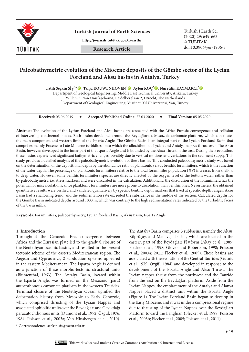 Paleobathymetric Evolution of the Miocene Deposits of the Gömbe Sector of the Lycian Foreland and Aksu Basins in Antalya, Turkey