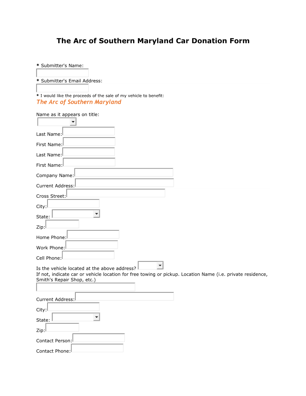 The Arc of Southern Maryland Car Donation Form