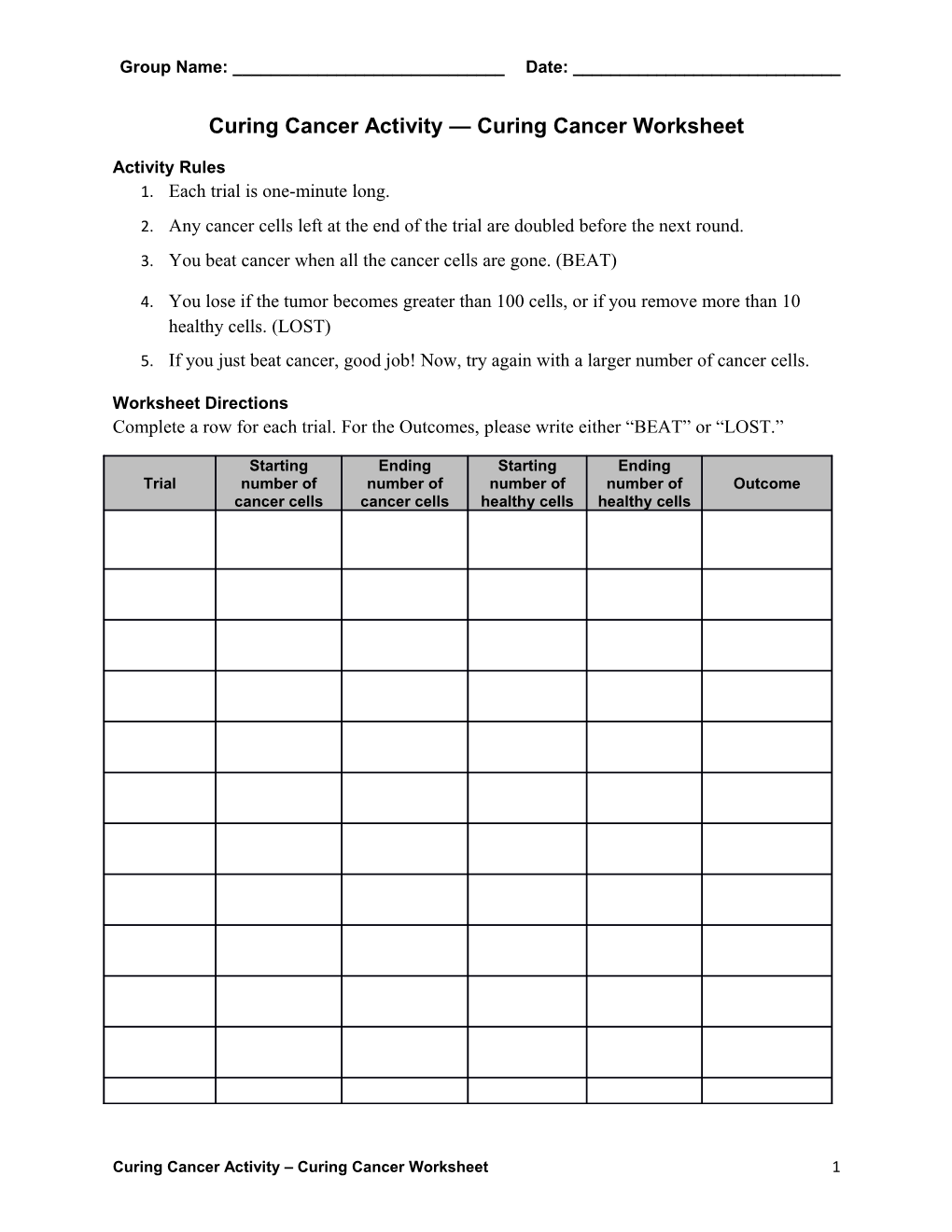 Curing Cancer Activity Curing Cancer Worksheet