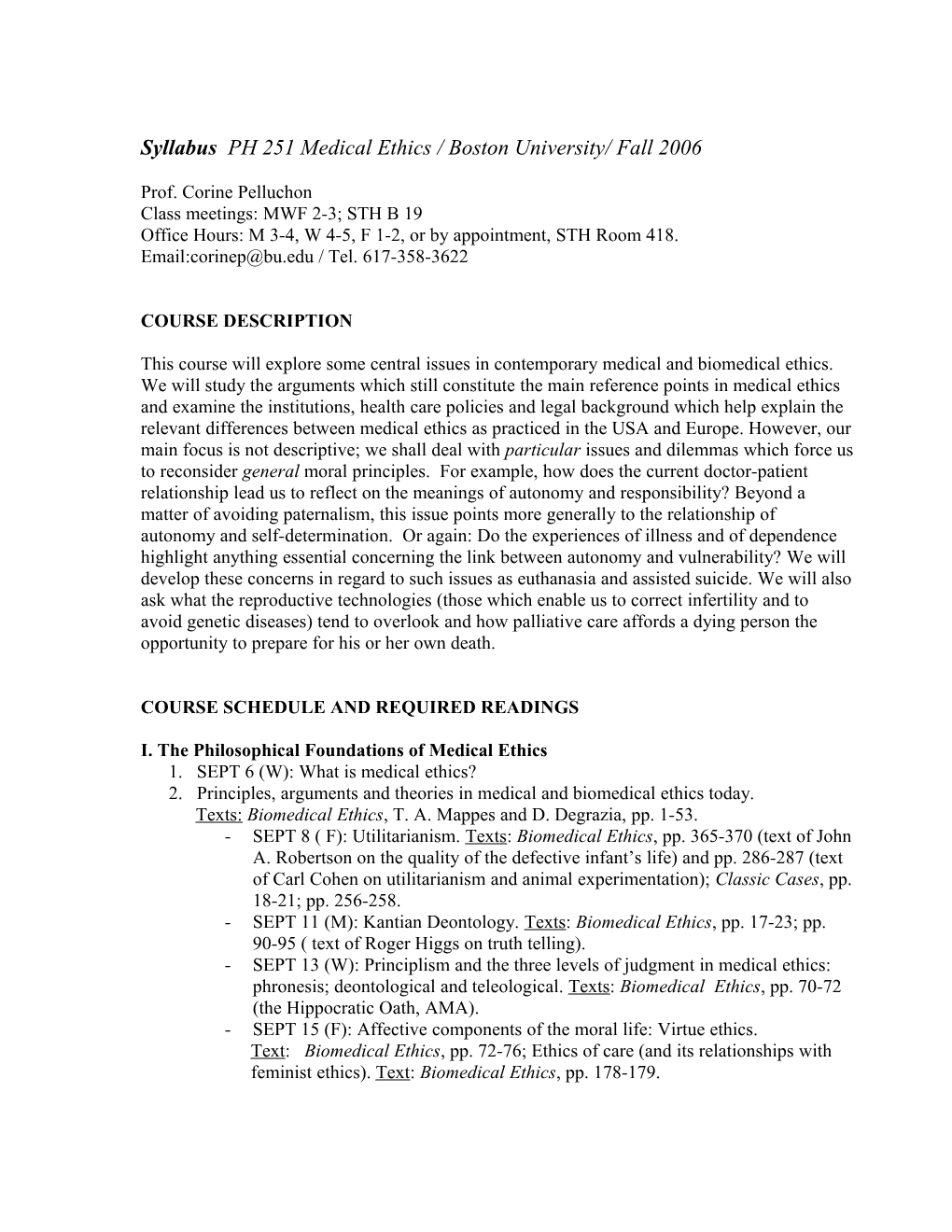 Syllabus PH 251 Medical Ethics / Boston University/ Fall 2006