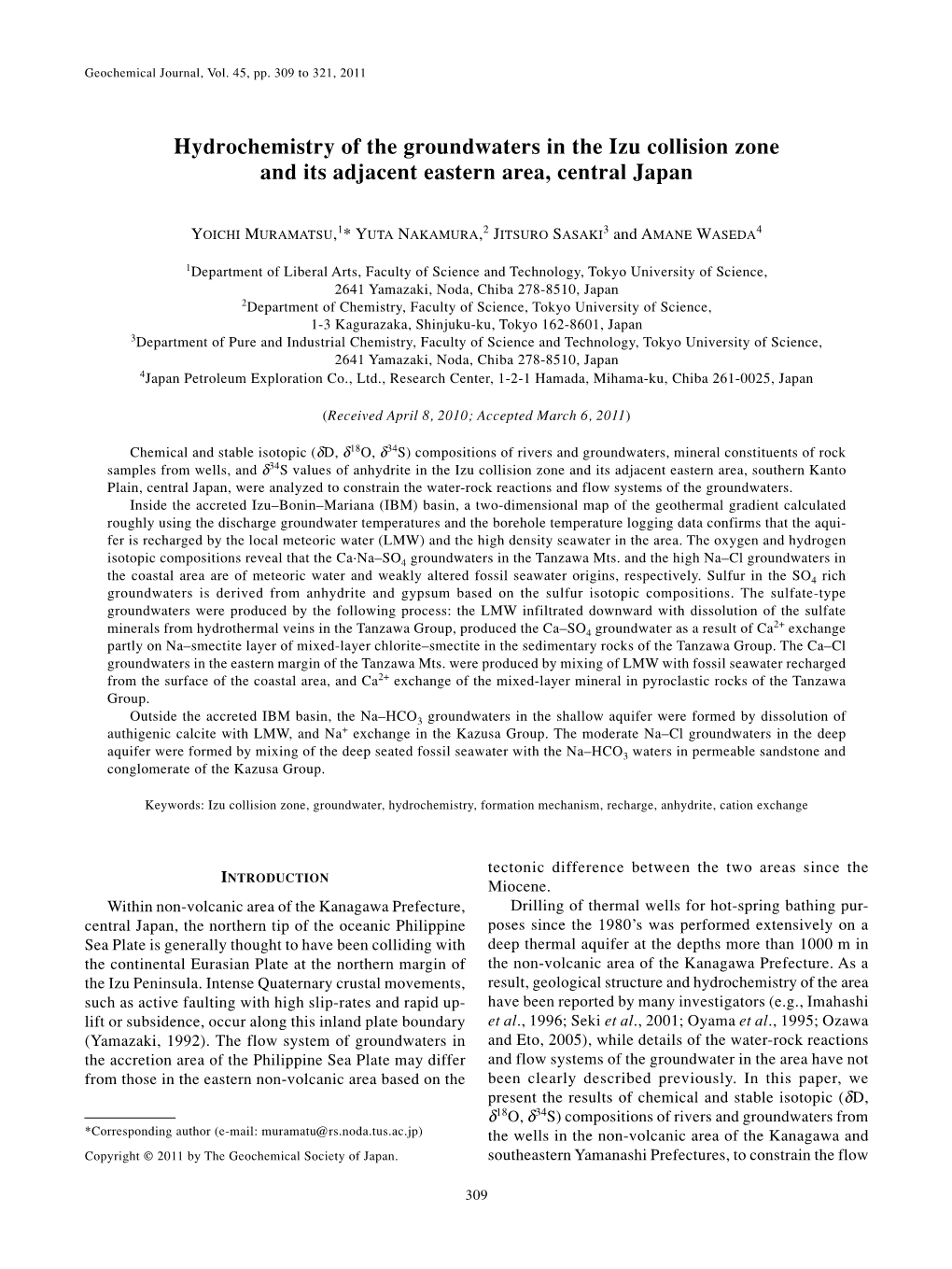 Hydrochemistry of the Groundwaters in the Izu Collision Zone and Its Adjacent Eastern Area, Central Japan
