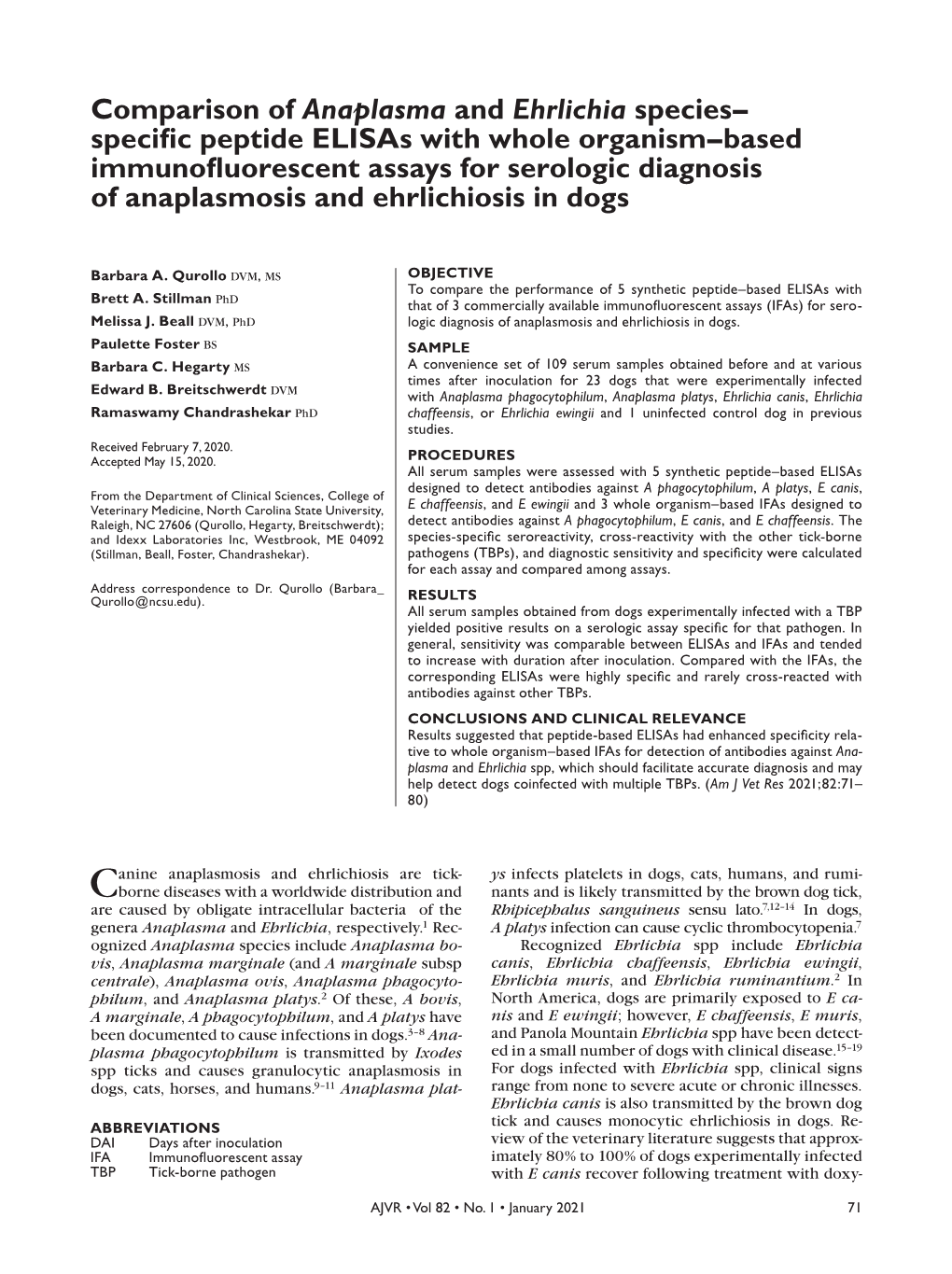 Comparison of Anaplasma and Ehrlichia Species– Specific Peptide