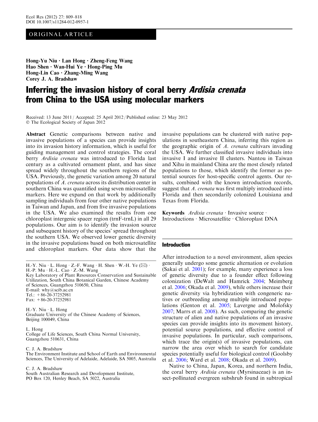 Inferring the Invasion History of Coral Berry Ardisia Crenata from China to the USA Using Molecular Markers