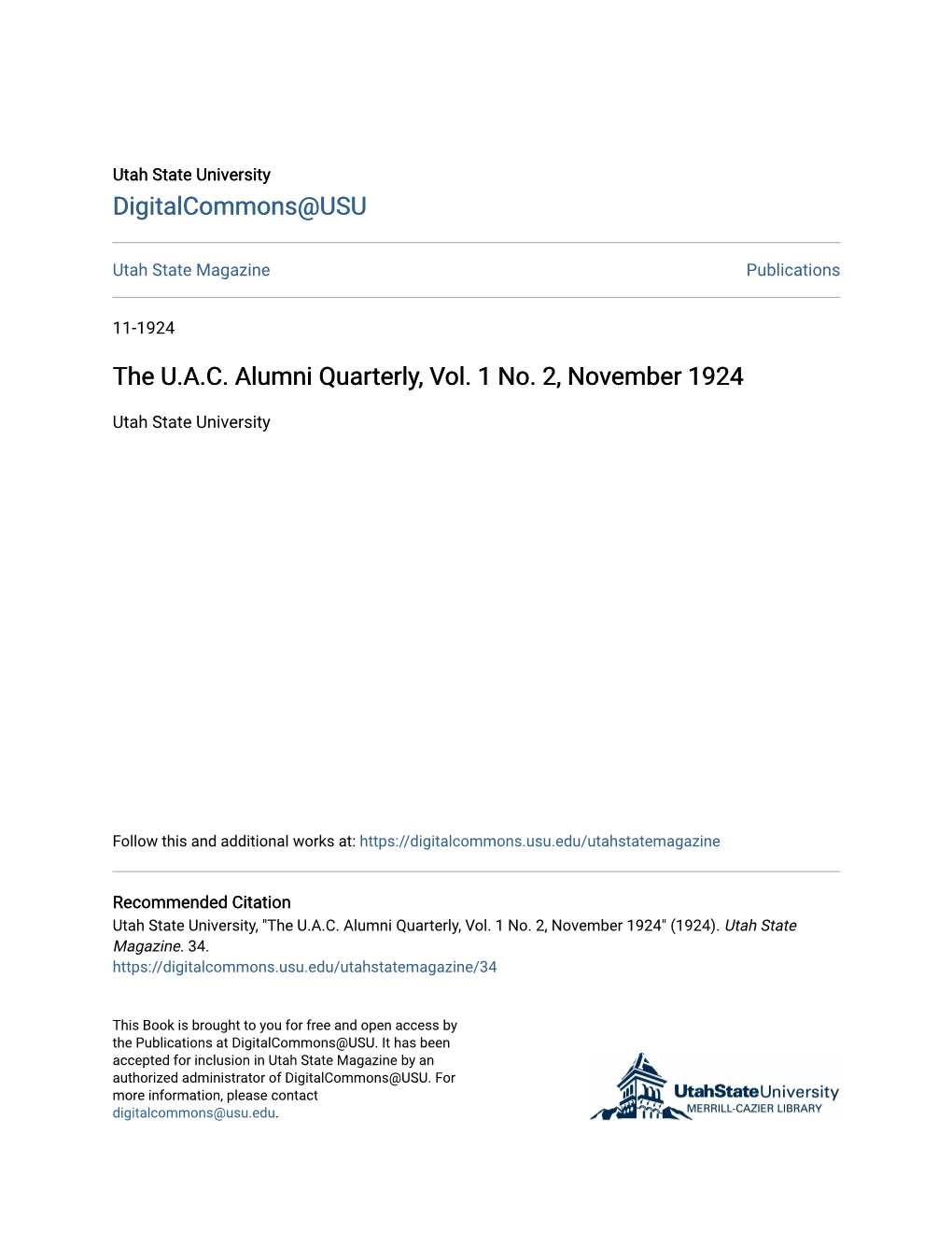 The U.A.C. Alumni Quarterly, Vol. 1 No. 2, November 1924