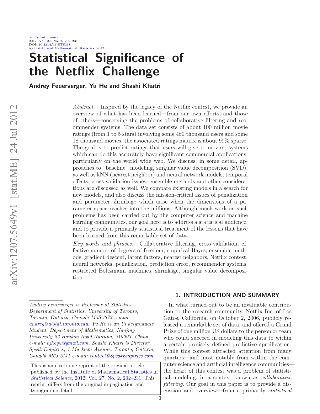 Statistical Significance of the Netflix Challenge