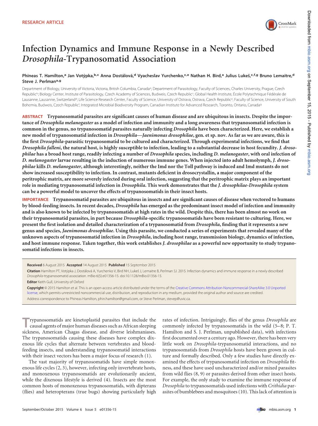 Infection Dynamics and Immune Response in a Newly Described Mbio.Asm.Org Drosophila-Trypanosomatid Association on September 15, 2015 - Published by Phineas T