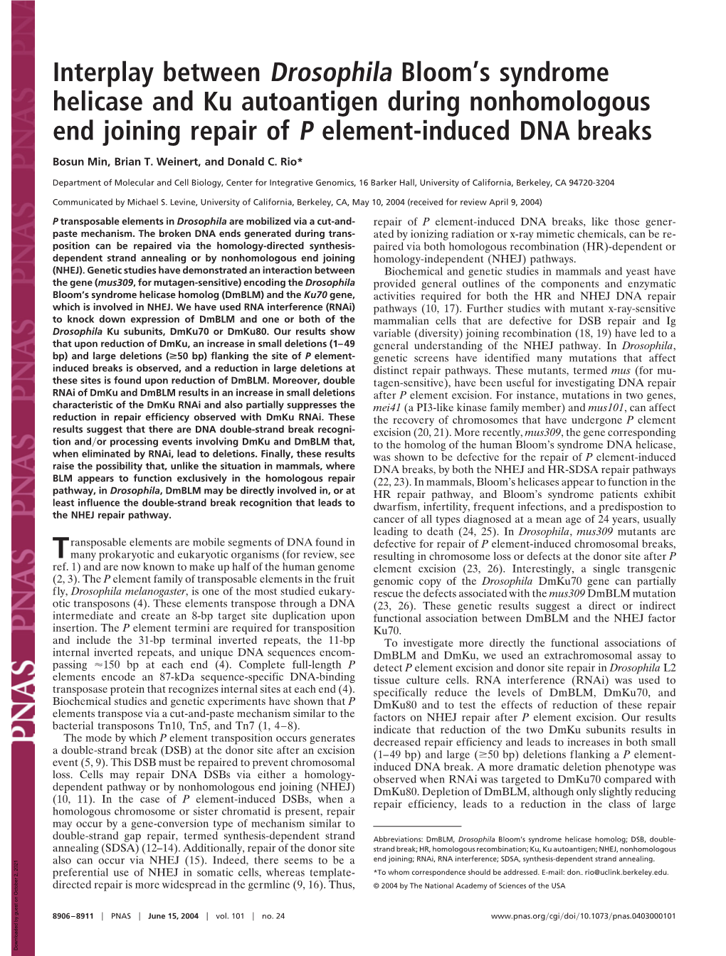 Interplay Between Drosophila Bloom's Syndrome Helicase and Ku