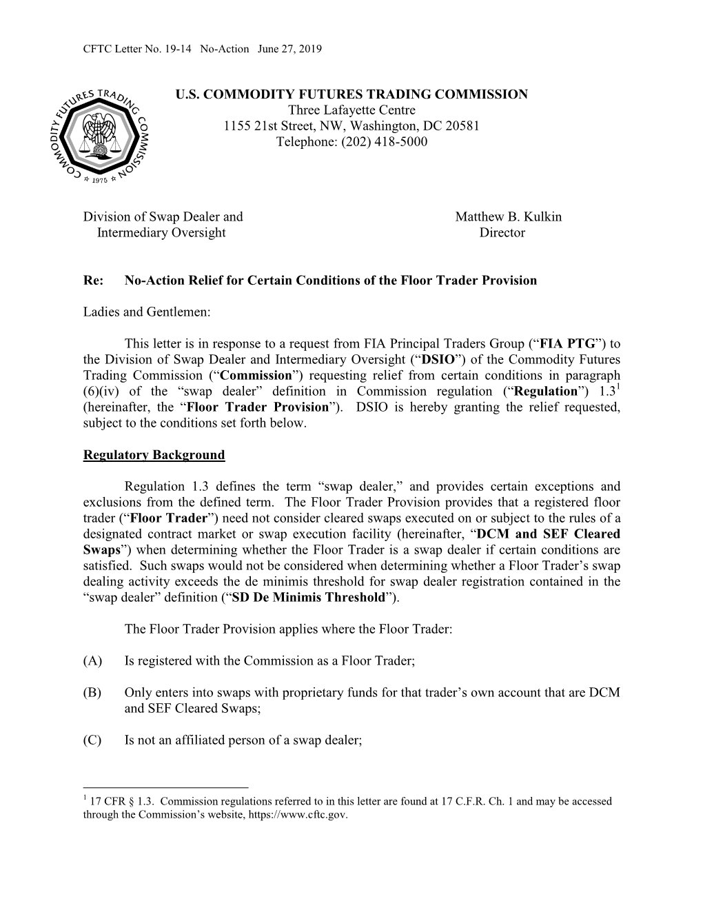 19-14 No-Action June 27, 2019