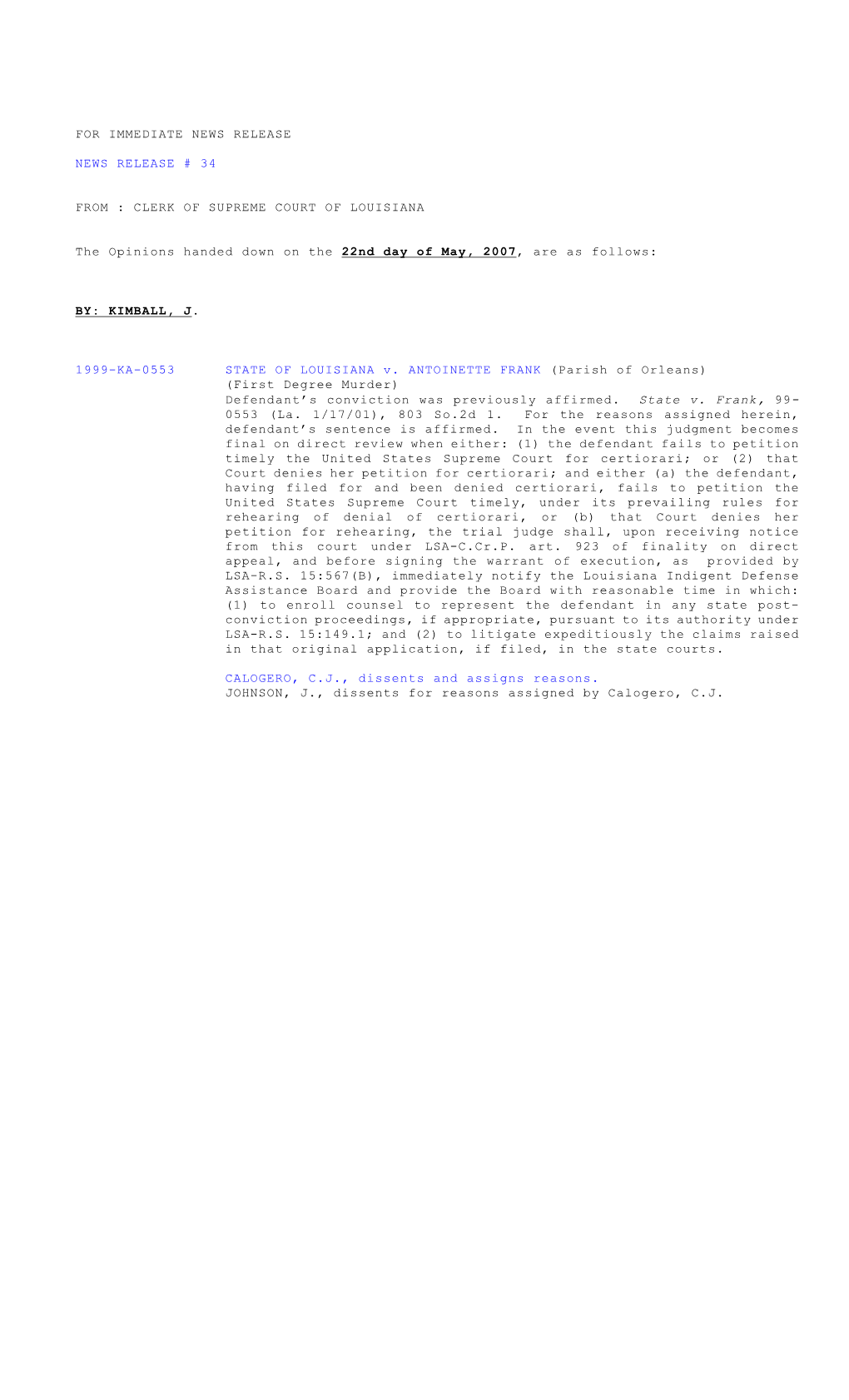 STATE of LOUISIANA V. ANTOINETTE FRANK (Parish of Orleans) (First Degree Murder) Defendant’S Conviction Was Previously Affirmed