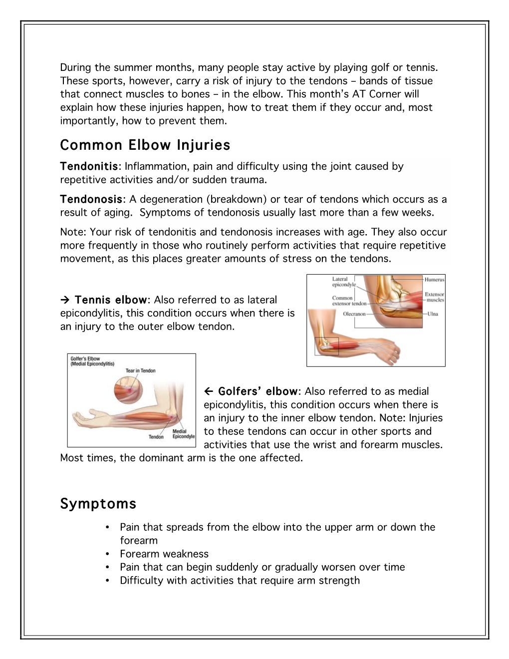 Common Elbow Injuries Symptoms