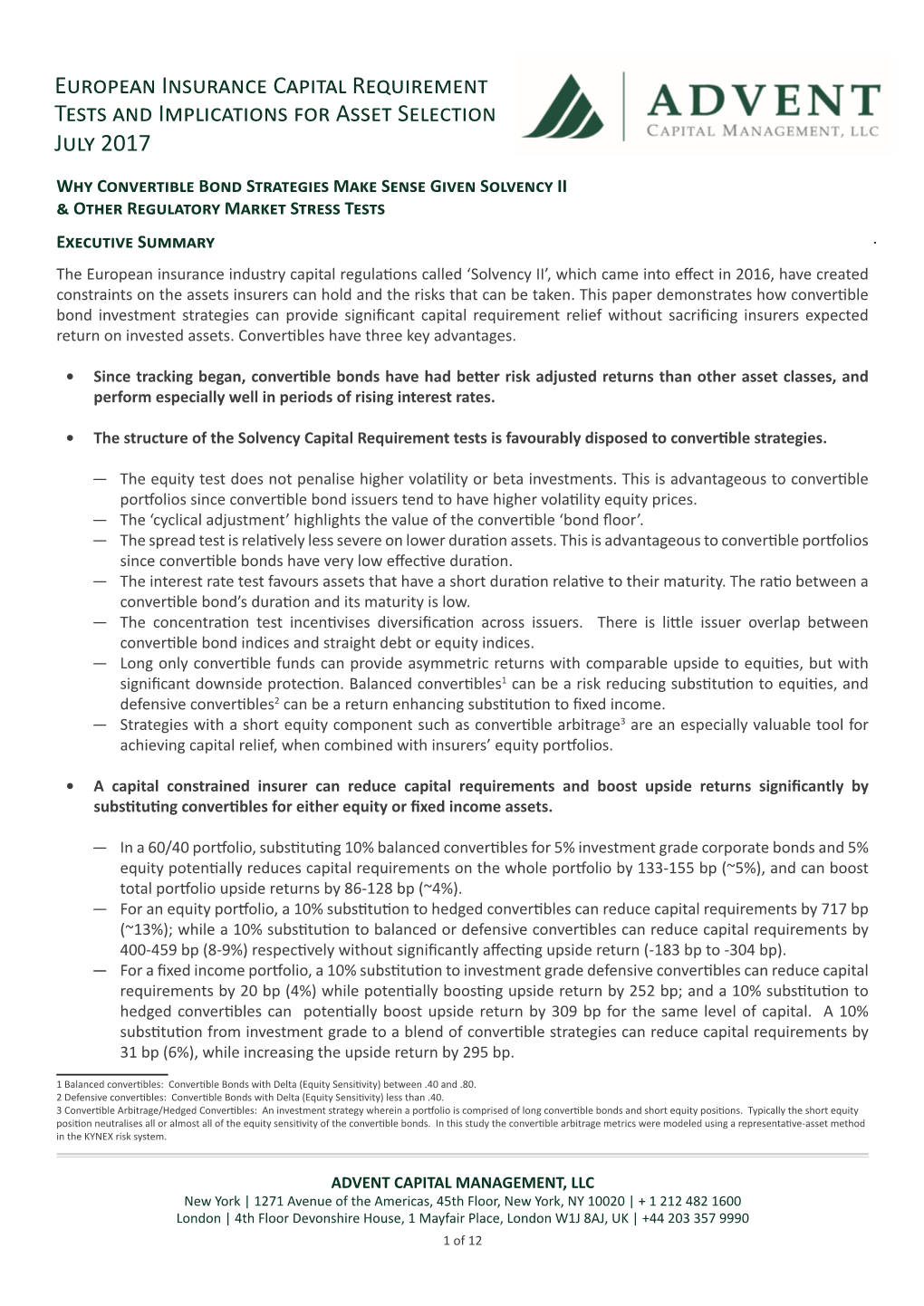 European Insurance Capital Requirement Tests and Implications for Asset Selection July 2017