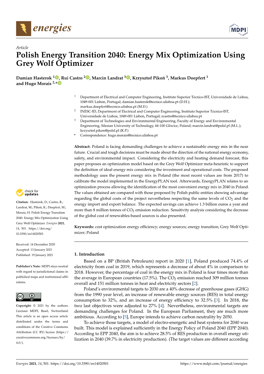 Polish Energy Transition 2040: Energy Mix Optimization Using Grey Wolf Optimizer