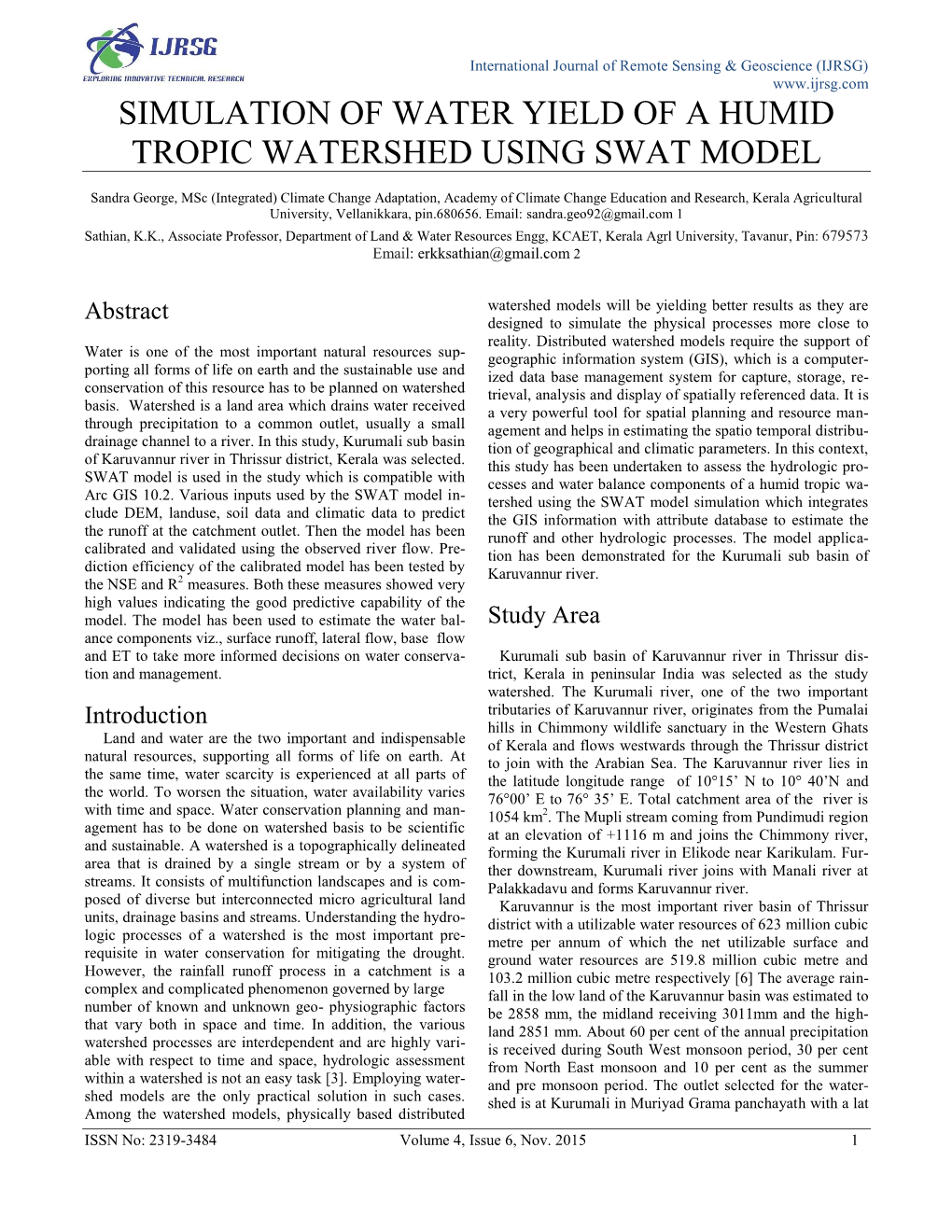 Simulation of Water Yield of a Humid Tropic Watershed Using Swat Model