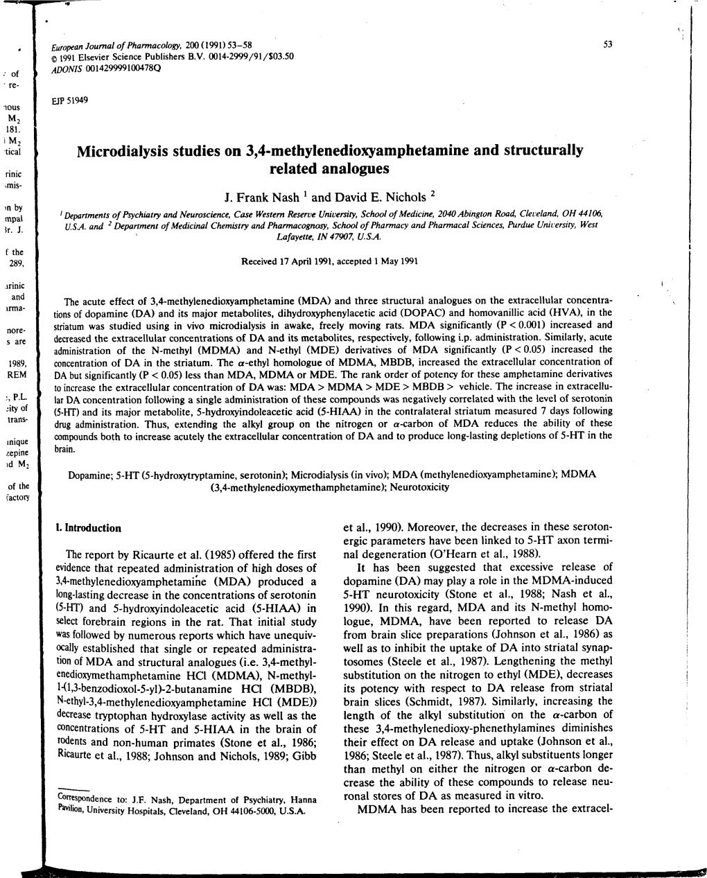 Microdialysis Studies on 3,4-Methylenedioxyamphetamine and Structurally Related Analogues