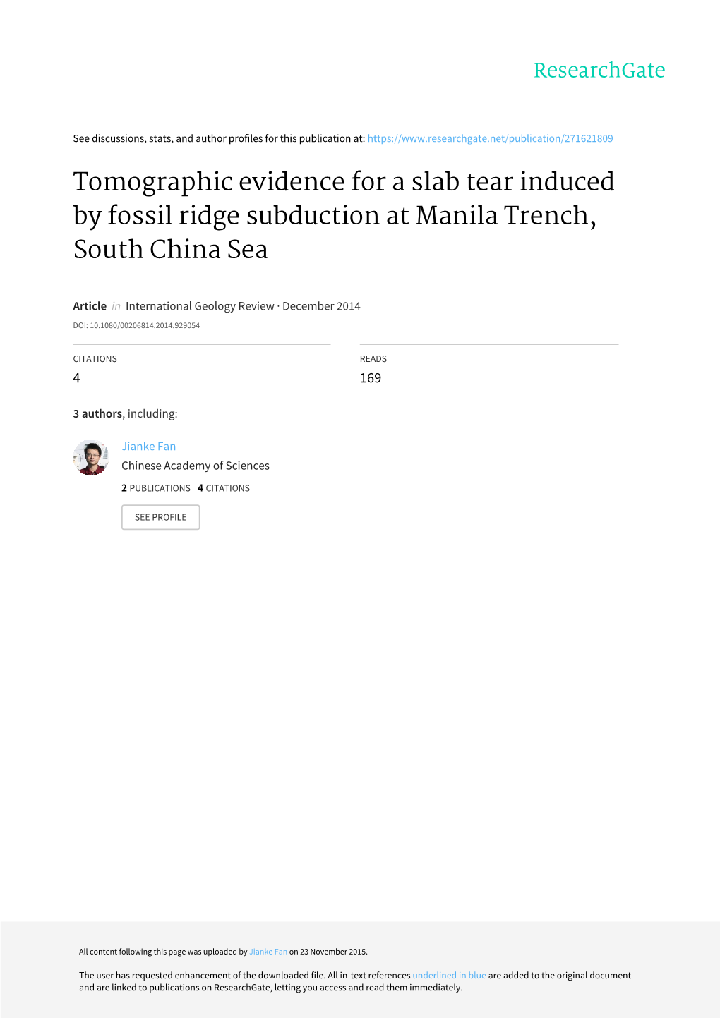 Tomographic Evidence for a Slab Tear Induced by Fossil Ridge Subduction at Manila Trench, South China Sea