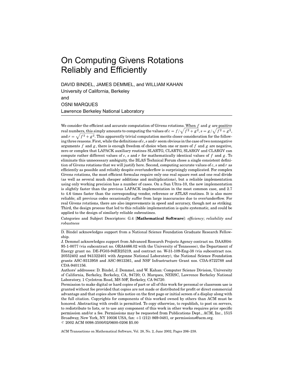 On Computing Givens Rotations Reliably and Efficiently