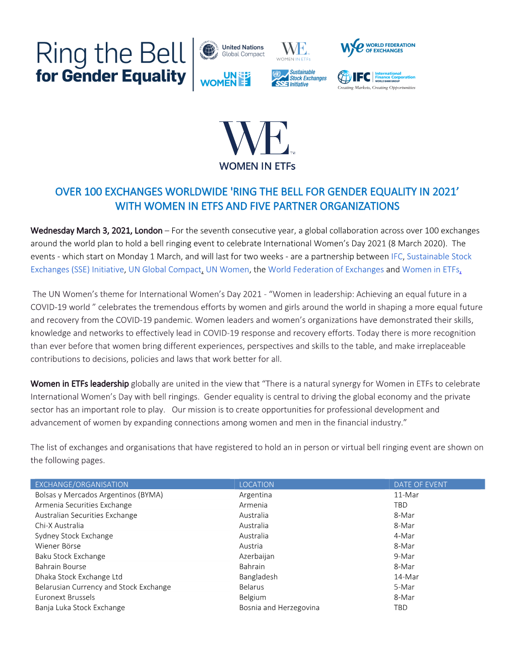 Over 100 Exchanges Worldwide 'Ring the Bell for Gender Equality in 2021' with Women in Etfs and Five Partner Organizations