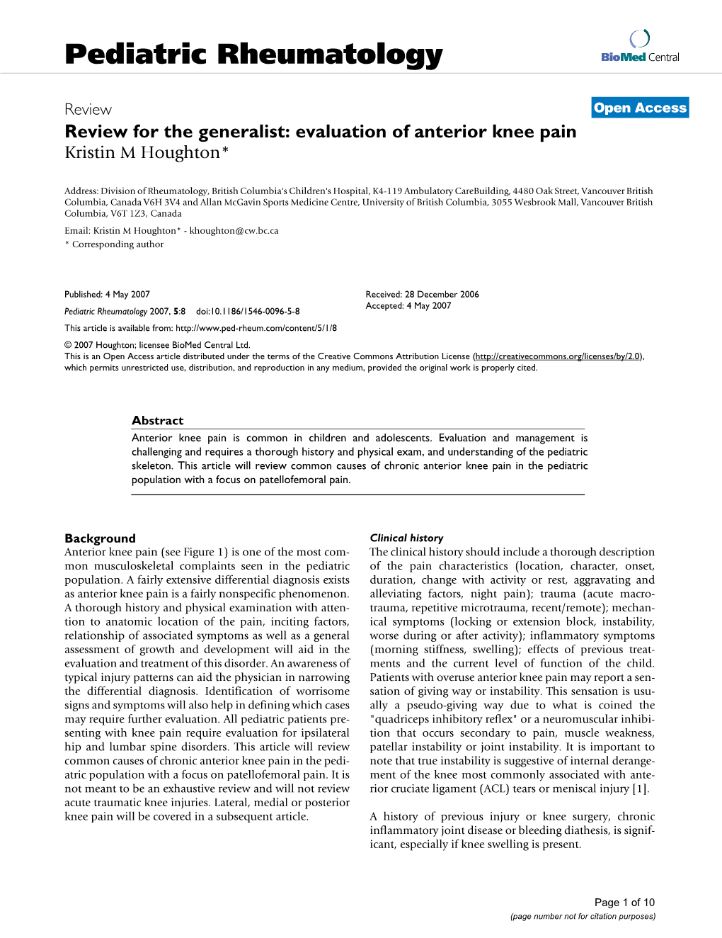 Evaluation of Anterior Knee Pain Kristin M Houghton*