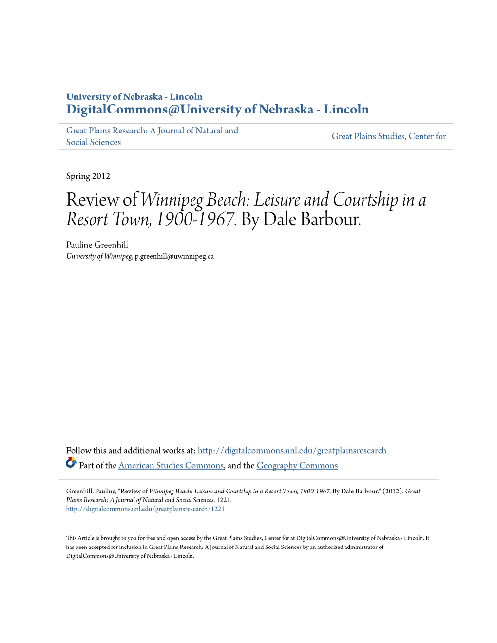 Review of Winnipeg Beach: Leisure and Courtship in a Resort Town, 1900-1967