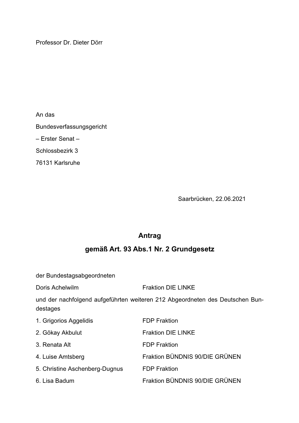 Antrag Gemäß Art. 93 Abs.1 Nr. 2 Grundgesetz