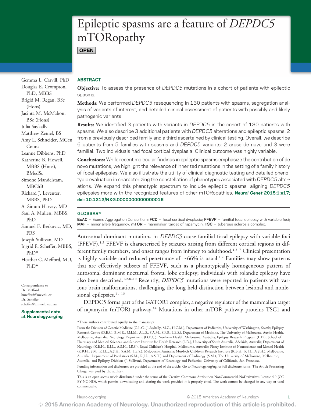 Epileptic Spasms Are a Feature of DEPDC5 Mtoropathy