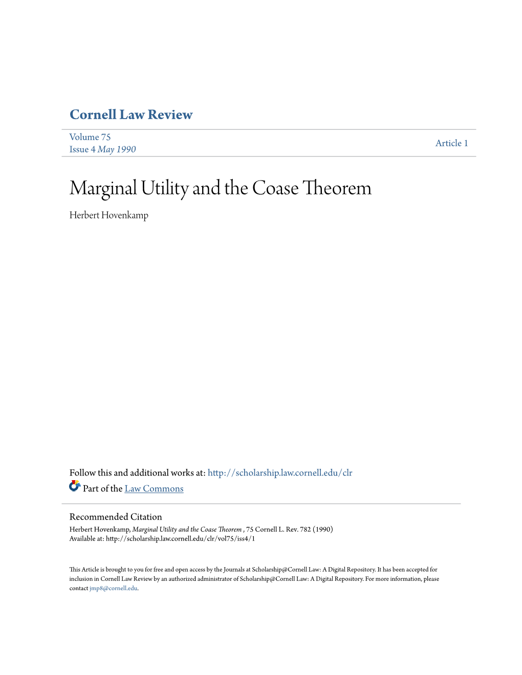 Marginal Utility and the Coase Theorem Herbert Hovenkamp