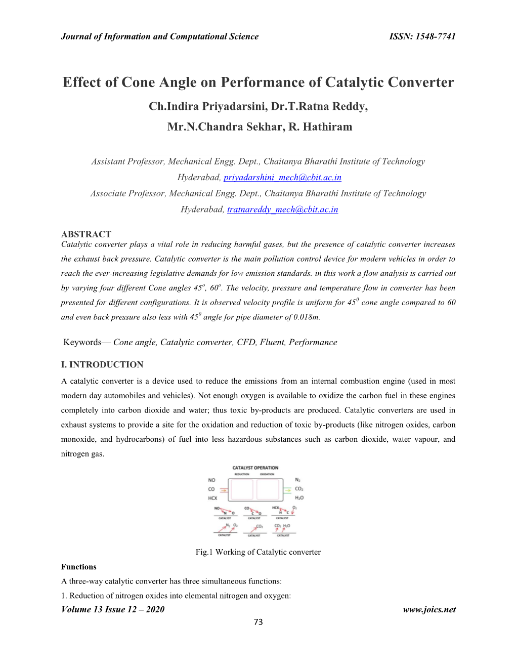 Effect of Cone Angle on Performance of Catalytic Converter Ch.Indira Priyadarsini, Dr.T.Ratna Reddy, Mr.N.Chandra Sekhar, R