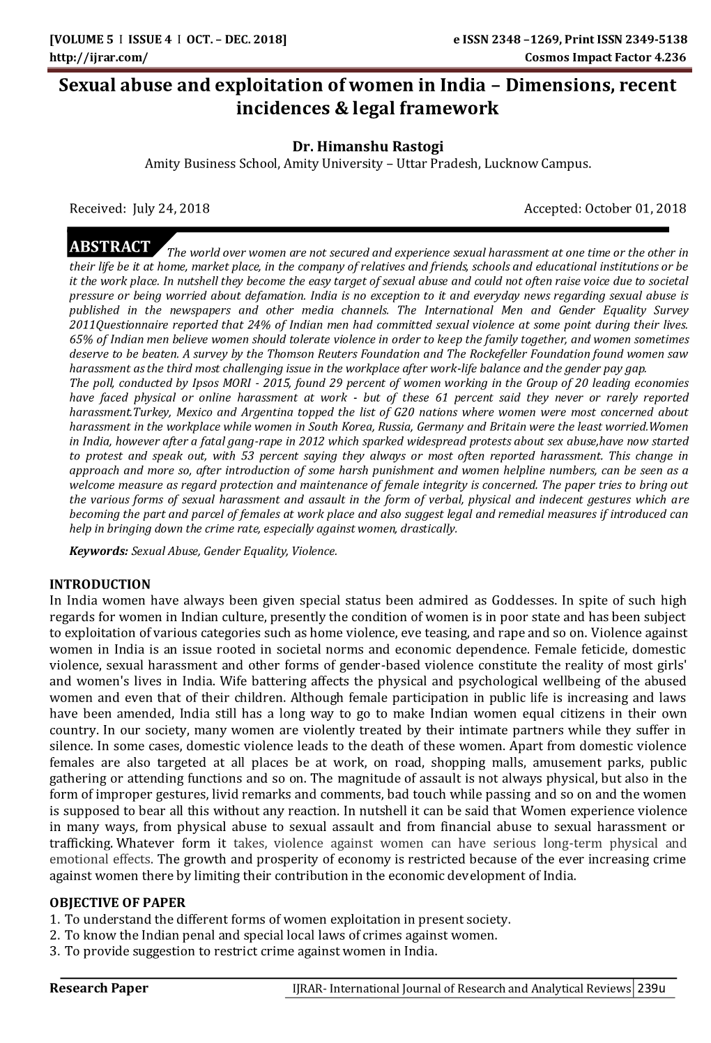 Sexual Abuse and Exploitation of Women in India – Dimensions, Recent Incidences & Legal Framework