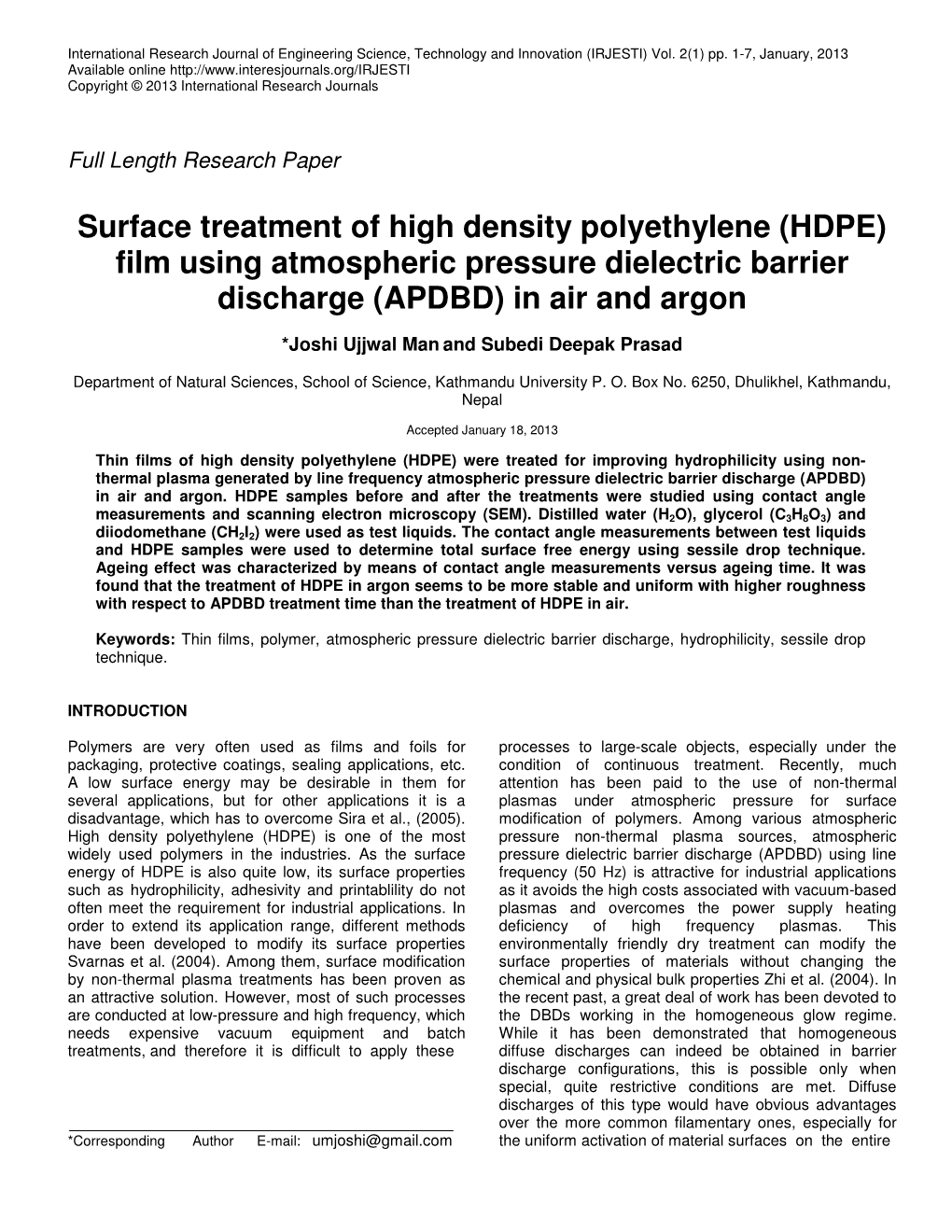 Surface Treatment of High Density Polyethylene (HDPE) Film Using Atmospheric Pressure Dielectric Barrier Discharge (APDBD) in Air and Argon