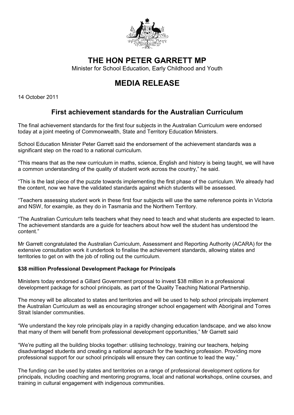 The Hon Peter Garrett Mp Media Release