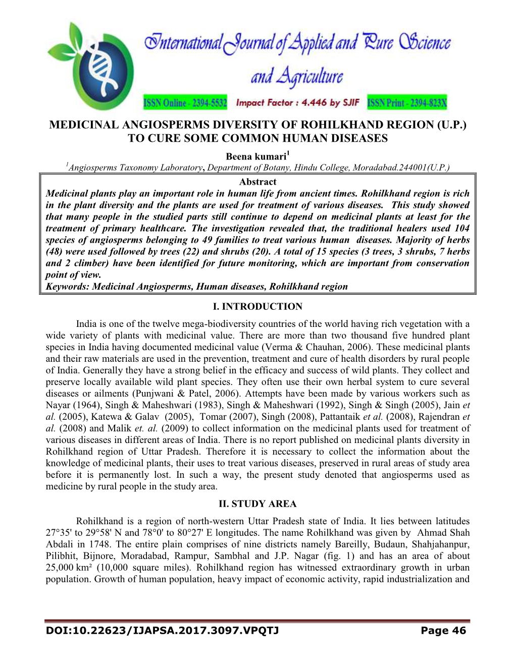 Medicinal Angiosperms Diversity of Rohilkhand Region (U.P.) to Cure Some Common Human Diseases