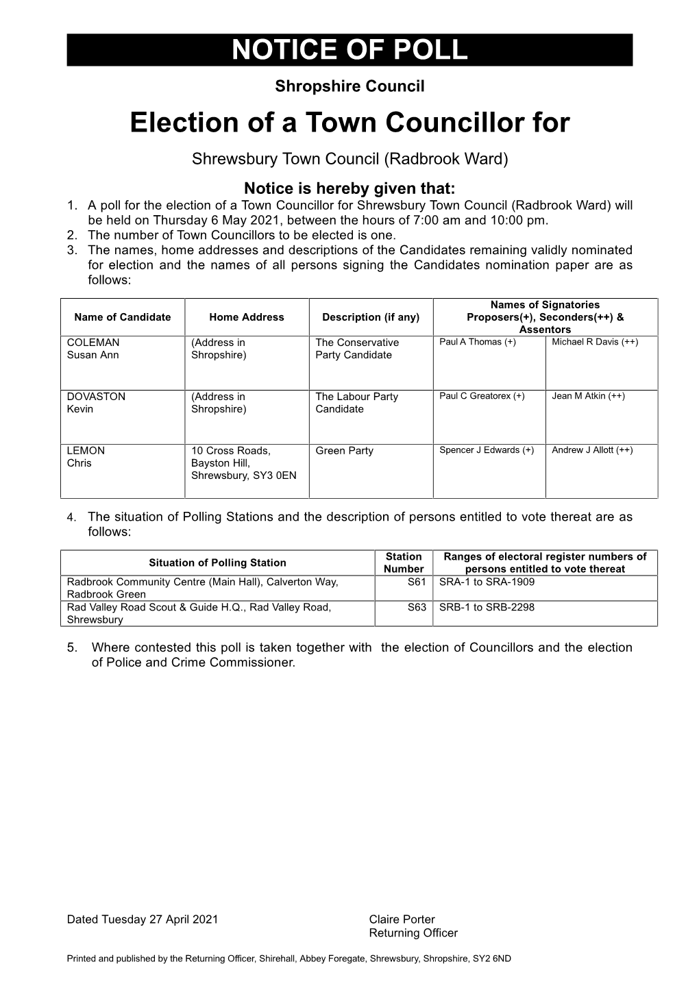NOTICE of POLL Election of a Town Councillor