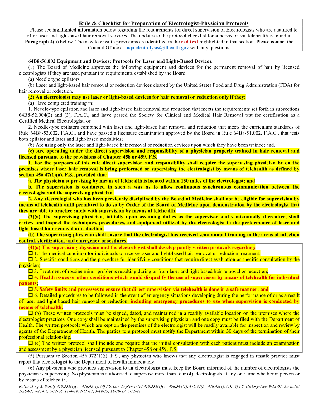 Rule & Checklist for Preparation of Electrologist-Physician Protocols