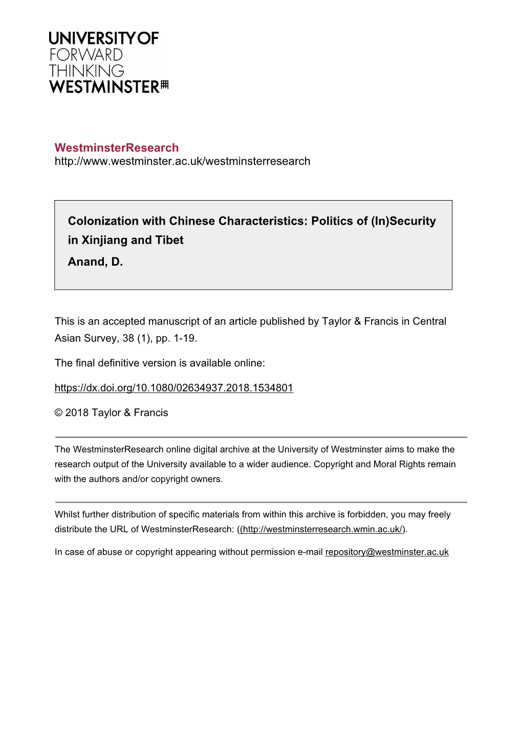 Westminsterresearch Colonization with Chinese Characteristics