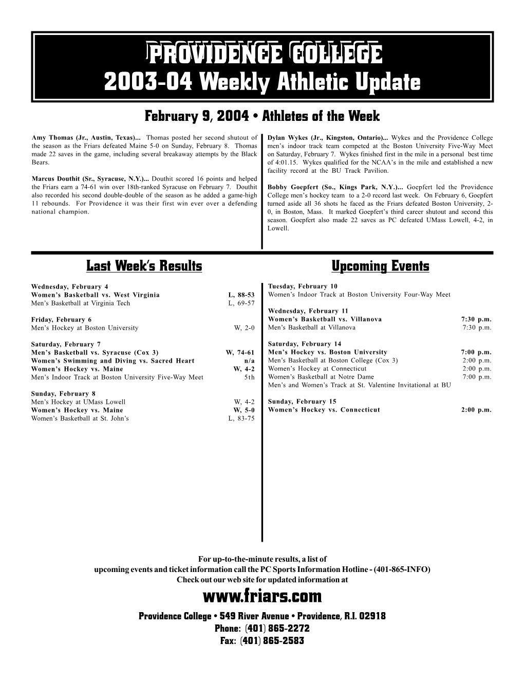 PROVIDENCE COLLEGE 2003-04 Weekly Athletic Update