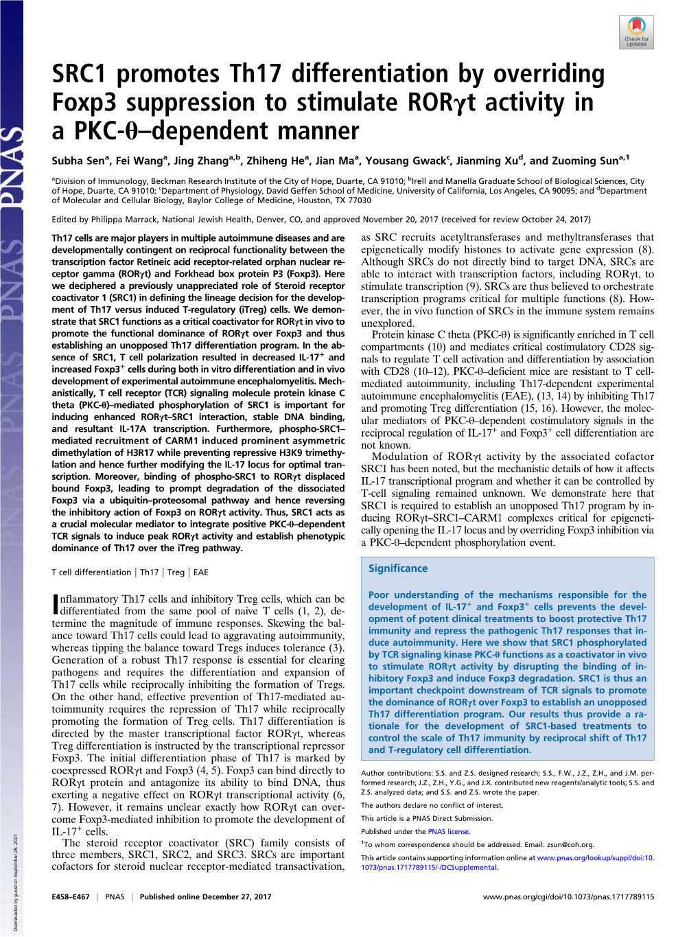 SRC1 Promotes Th17 Differentiation by Overriding Foxp3 Suppression to Stimulate Rorγt Activity in a PKC-Θ–Dependent Manner