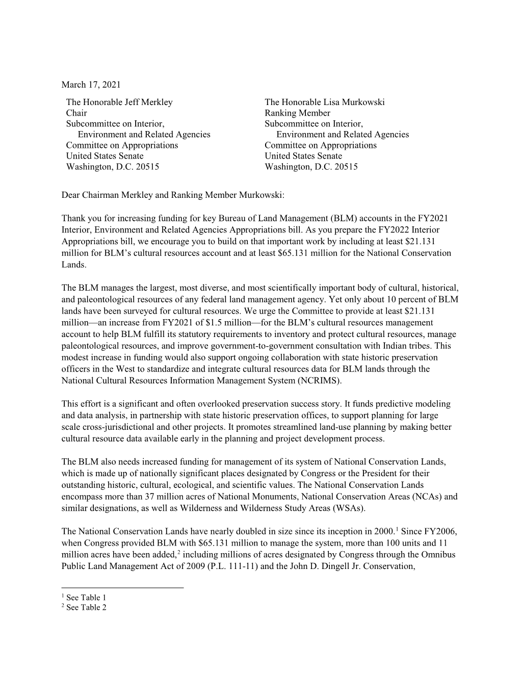 Letter to Senate Appropriations Interior Subcommittee FY22 BLM