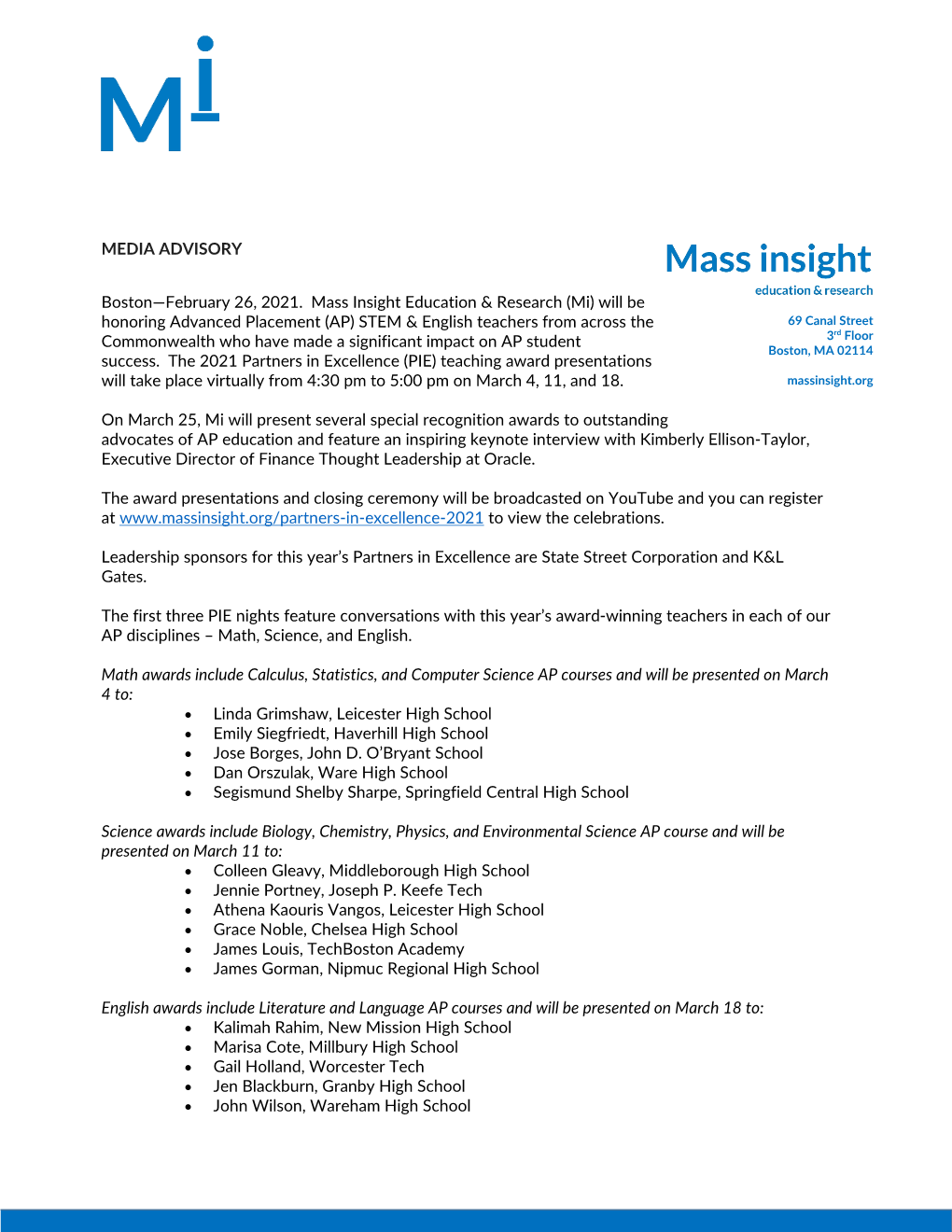 MEDIA ADVISORY Boston—February 26, 2021. Mass Insight Education
