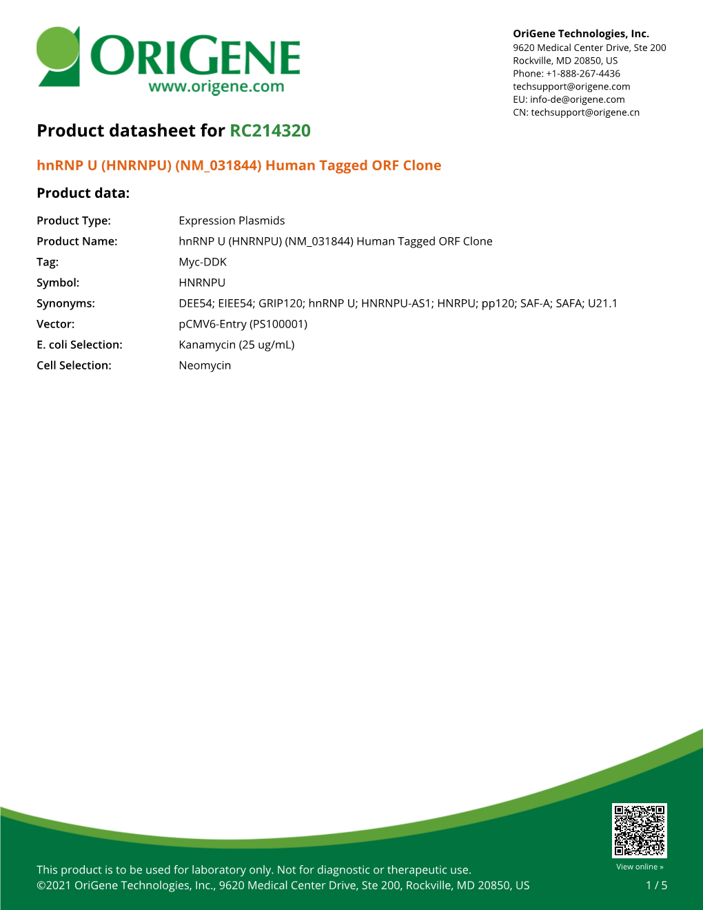 Hnrnp U (HNRNPU) (NM 031844) Human Tagged ORF Clone Product Data