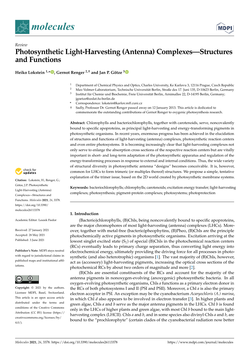 Photosynthetic Light-Harvesting (Antenna) Complexes—Structures and Functions