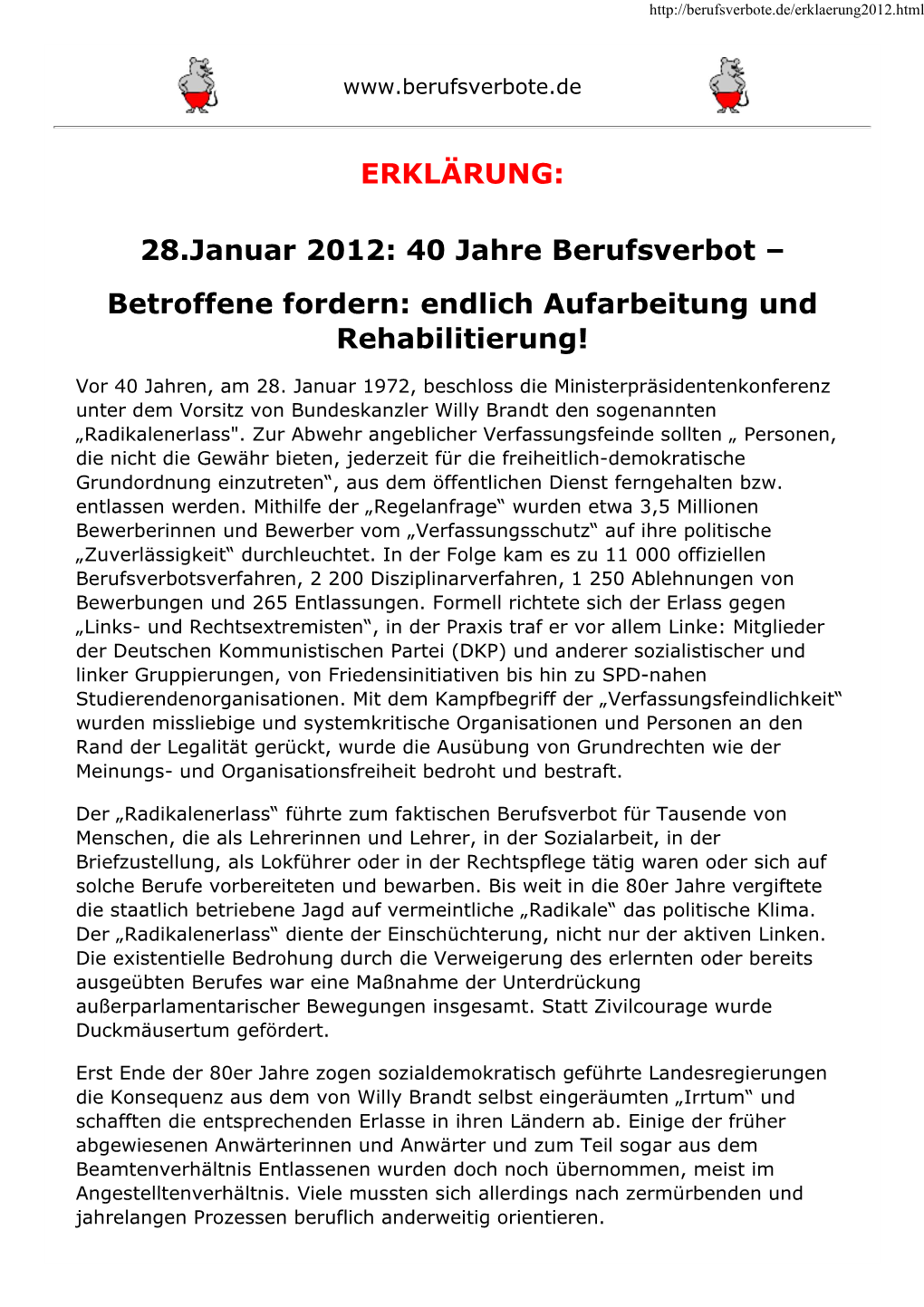 28.Januar 2012: 40 Jahre Berufsverbot – Betroffene Fordern: Endlich Aufarbeitung Und Rehabilitierung!