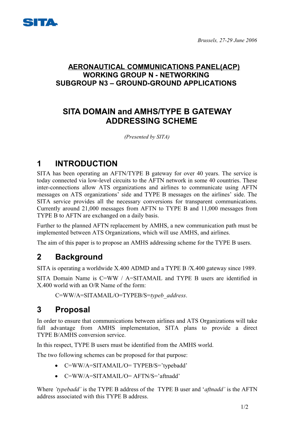 SITA Domain and AMHS/TYPE B Gateway Addressing Scheme