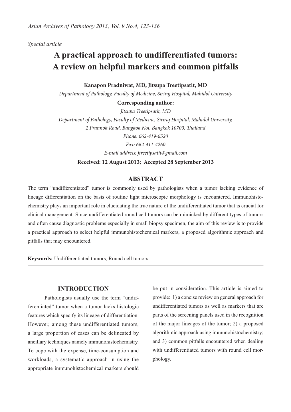 A Practical Approach to Undifferentiated Tumors: a Review on Helpful Markers and Common Pitfalls