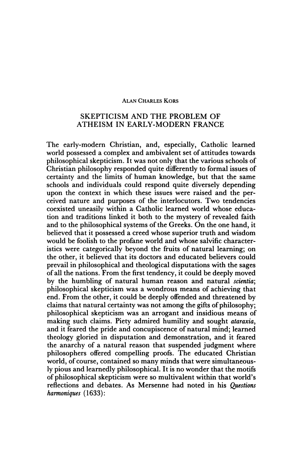 Skepticism and the Problem of Atheism in Early-Modern France