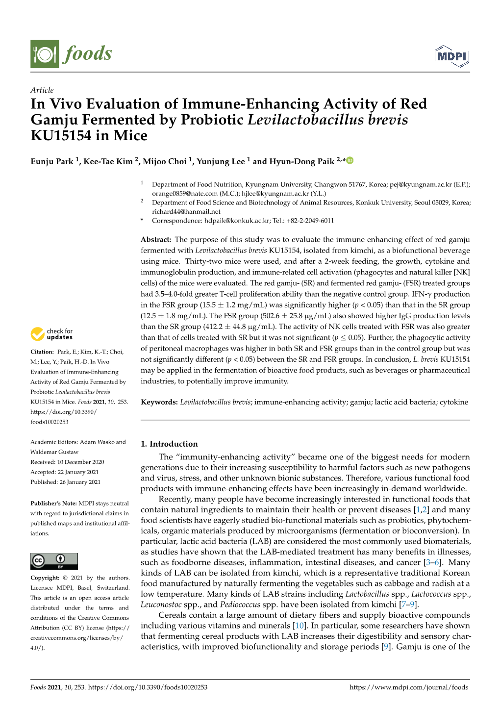 In Vivo Evaluation of Immune-Enhancing Activity of Red Gamju Fermented by Probiotic Levilactobacillus Brevis KU15154 in Mice