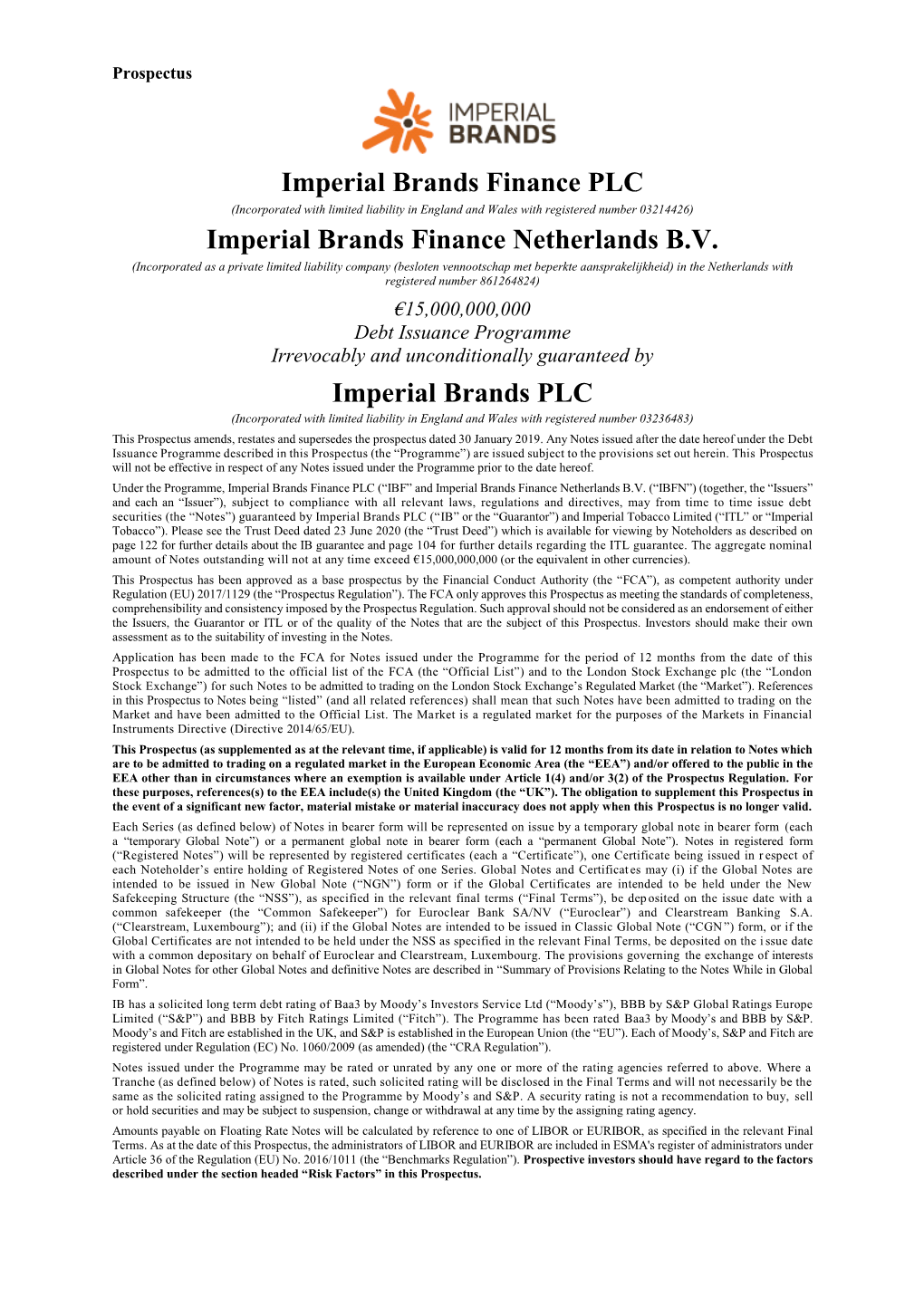 Imperial Brands Finance PLC (Incorporated with Limited Liability in England and Wales with Registered Number 03214426) Imperial Brands Finance Netherlands B.V