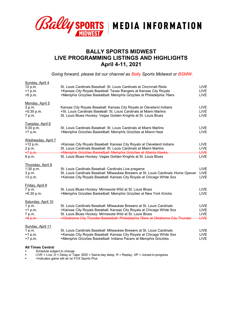 BALLY SPORTS MIDWEST LIVE PROGRAMMING LISTINGS and HIGHLIGHTS April 4-11, 2021